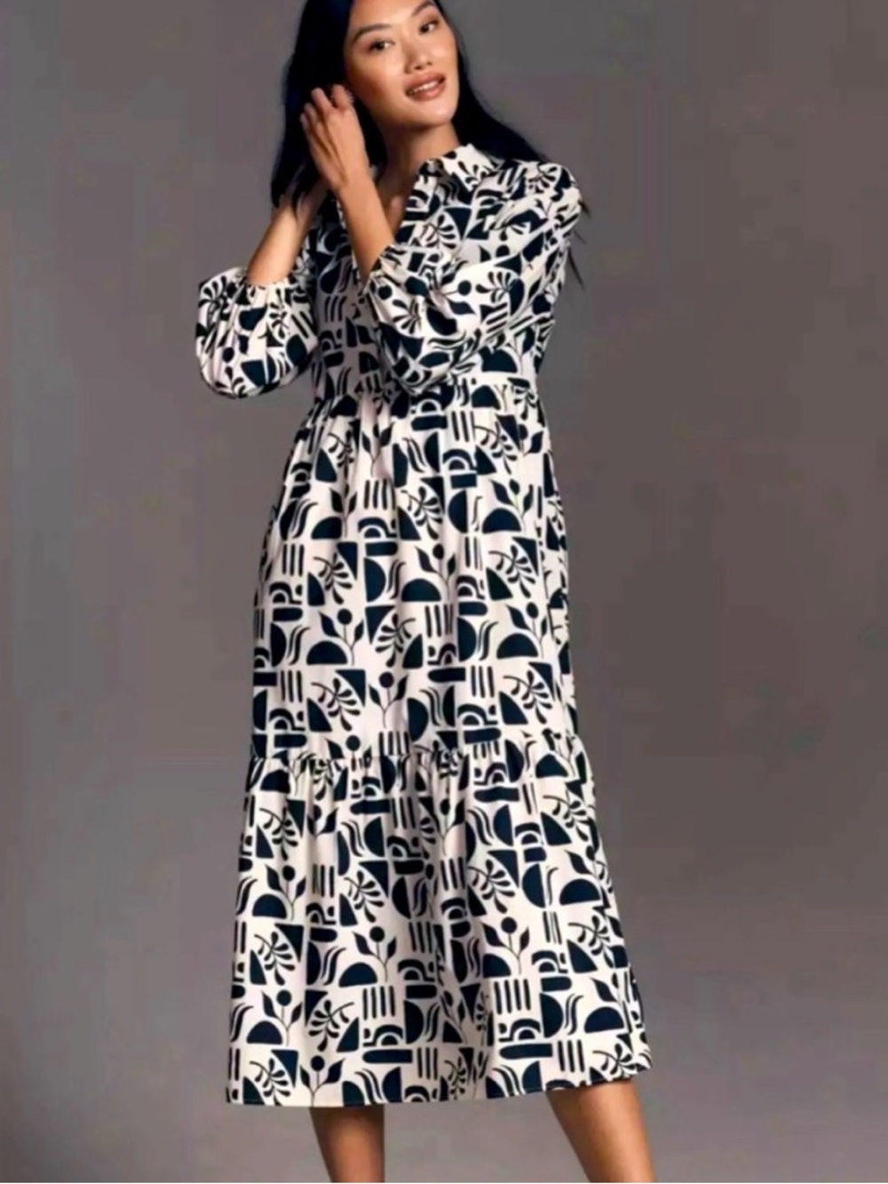 Maeve Anthropologie Bettina Tiered Shirt Dress Black Motif XL New - Picture 3 of 12